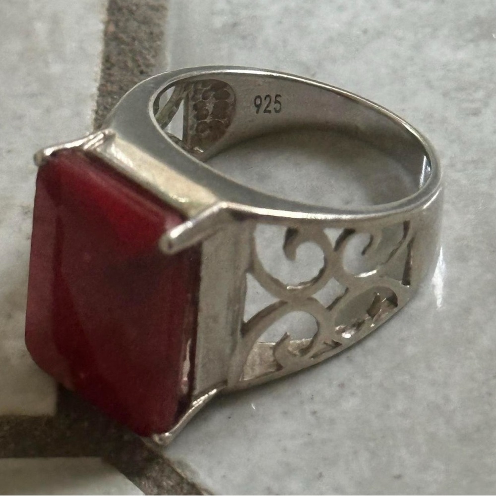 Vintage 925 Silver Emerald Cut Ruby Filligree Ring - image 5